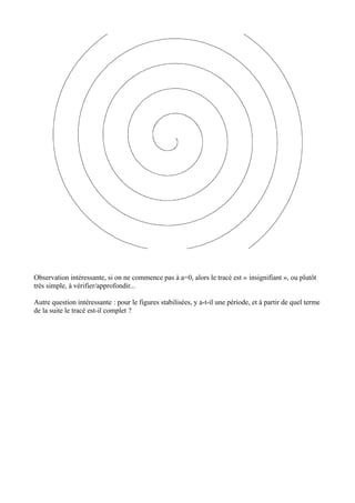Observation intéressante, si on ne commence pas à a=0, alors le tracé est « insignifiant », ou plutôt
très simple, à vérifier/approfondir...
Autre question intéressante : pour le figures stabilisées, y a-t-il une période, et à partir de quel terme
de la suite le tracé est-il complet ?
 