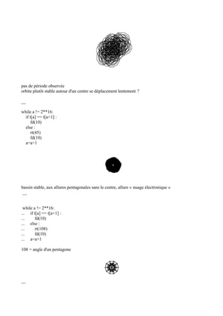 pas de période observée
orbite plutôt stable autour d'un centre se déplacement lentement ?
__
while a != 2**16:
if t[a] == t[a+1] :
fd(10)
else :
rt(45)
fd(10)
a=a+1
bassin stable, aux allures pentagonales sans le centre, allure « nuage électronique »
__
while a != 2**16:
... if t[a] == t[a+1] :
... fd(10)
... else :
... rt(108)
... fd(10)
... a=a+1
108 = angle d'un pentagone
__
 