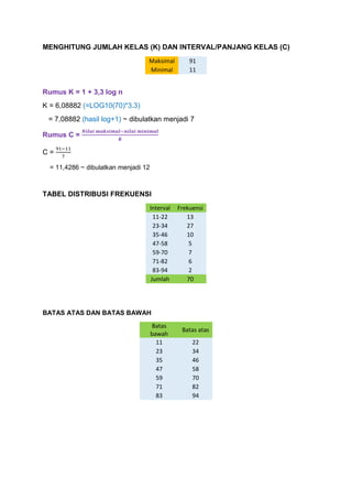 MENGHITUNG JUMLAH KELAS (K) DAN INTERVAL/PANJANG KELAS (C)
Maksimal 91
Minimal 11
Rumus K = 1 + 3,3 log n
K = 6,08882 (=LOG10(70)*3.3)
= 7,08882 (hasil log+1) ~ dibulatkan menjadi 7
Rumus C =
𝑵𝒊𝒍𝒂𝒊 𝒎𝒂𝒌𝒔𝒊𝒎𝒂𝒍−𝒏𝒊𝒍𝒂𝒊 𝒎𝒊𝒏𝒊𝒎𝒂𝒍
𝑲
C =
91−11
7
= 11,4286 ~ dibulatkan menjadi 12
TABEL DISTRIBUSI FREKUENSI
Interval Frekuensi
11-22 13
23-34 27
35-46 10
47-58 5
59-70 7
71-82 6
83-94 2
Jumlah 70
BATAS ATAS DAN BATAS BAWAH
Batas
bawah
Batas atas
11 22
23 34
35 46
47 58
59 70
71 82
83 94
 