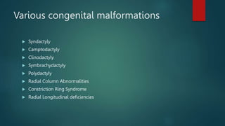 Various congenital malformations
 Syndactyly
 Camptodactyly
 Clinodactyly
 Symbrachydactyly
 Polydactyly
 Radial Column Abnormalities
 Constriction Ring Syndrome
 Radial Longitudinal deficiencies
 