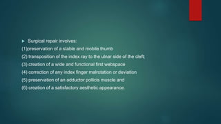  Surgical repair involves:
(1)preservation of a stable and mobile thumb
(2) transposition of the index ray to the ulnar side of the cleft;
(3) creation of a wide and functional first webspace
(4) correction of any index finger malrotation or deviation
(5) preservation of an adductor pollicis muscle and
(6) creation of a satisfactory aesthetic appearance.
 
