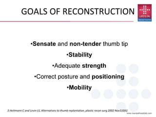 GOALS OF RECONSTRUCTION
•Sensate and non-tender thumb tip
•Stability
•Adequate strength
•Correct posture and positioning
•Mobility
3.Heitmann C and Levin LS, Alternatives to thumb replantation, plastic recon surg 2002 Nov110(6)
 