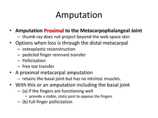 Amputation
• Amputation Proximal to the Metacarpophalangeal Joint
– thumb ray does not project beyond the web space skin
• Options when loss is through the distal metacarpal
– osteoplastic reconstruction
– pedicled finger remnant transfer
– Pollicization
– free toe transfer
• A proximal metacarpal amputation
– retains the basal joint but has no intrinsic muscles.
• With this or an amputation including the basal joint
– (a) if the fingers are functioning well
• provide a stable, static post to oppose the fingers
– (b) full-finger pollicization
 