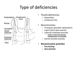 Type of deficiencies
• Thumb deficiencies
– Amputation
– Component loss
• Reconstruction
– emergency (possible replantation)
– urgent (fresh open wound)
– subacute (unhealed wounds)
• septic or flap-threatening
complications are greatest
– elective (healed wounds)
• Reconstructive priorities
– first healing
– then function
 