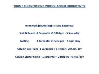 THUMB RULE FOR CIVIL WORKS LABOUR PRODUCTIVITY | PPTX