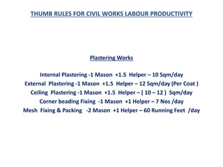 THUMB RULE FOR CIVIL WORKS LABOUR PRODUCTIVITY | PPTX