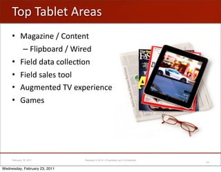 P-A'P+1;"('?)"+#
     • +%+6$&"'W'I-&("&(
        – h;$A1-+)2'W'8$)"2'
     • h$";2'2+(+',-;;",B-&
     • h$";2'#+;"#'(--;
     • ?/%0"&("2'Pd'"EA")$"&,"
     • 4+0"#




     February 18, 2011         Raizlabs © 2010 • Proprietary and Confidential
                                                                                43

Wednesday, February 23, 2011
 