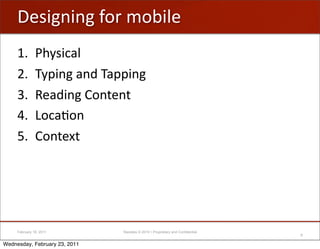 !"#$%&$&%'*-)'0-1$;"
     MN        G.=#$,+;''
     ON        P=A$&%'+&2'P+AA$&%
     QN        5"+2$&%'I-&("&(
     RN        F-,+B-&
     SN        I-&("E(




     February 18, 2011         Raizlabs © 2010 • Proprietary and Confidential
                                                                                6

Wednesday, February 23, 2011
 