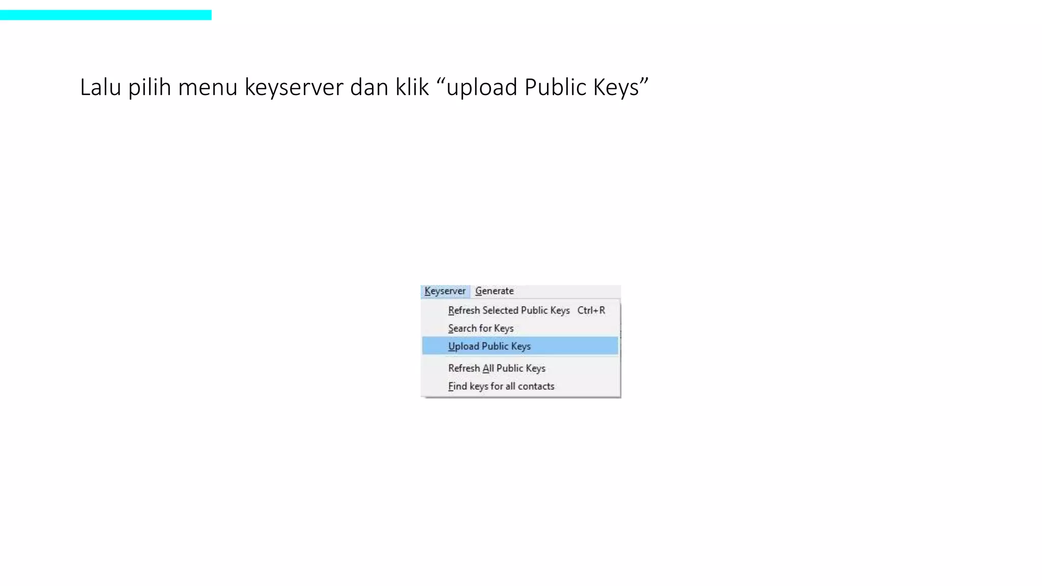 Lalu pilih menu keyserver dan klik “upload Public Keys”
 
