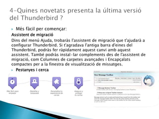  Més fàcil per començar:
Assistent de migració
Dins del menú Ajuda, trobaràs l'assistent de migració que t'ajudarà a
configurar Thunderbird. Si t'agradava l'antiga barra d'eines del
Thunderbird, podràs fer ràpidament aquest canvi amb aquest
assistent. També podràs instal·lar complements des de l'assistent de
migració, com Columnes de carpetes avançades i Encapçalats
compactes per a la finestra de visualització de missatges.
 Pestanyes i cerca
 