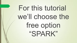 For this tutorial
we’ll choose the
free option
“SPARK”
 
