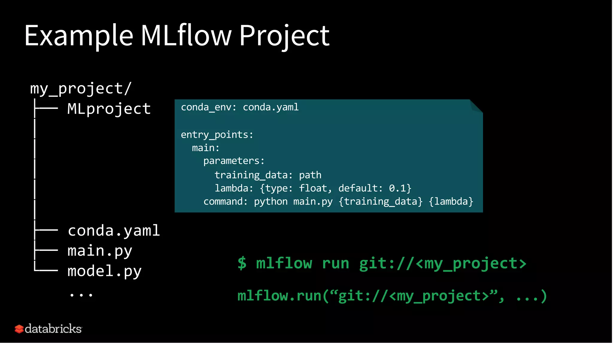 Example MLflow Project
my_project/
├── MLproject
│
│
│
│
│
├── conda.yaml
├── main.py
└── model.py
...
conda_env: conda.yaml
entry_points:
main:
parameters:
training_data: path
lambda: {type: float, default: 0.1}
command: python main.py {training_data} {lambda}
$ mlflow run git://<my_project>
mlflow.run(“git://<my_project>”, ...)
 