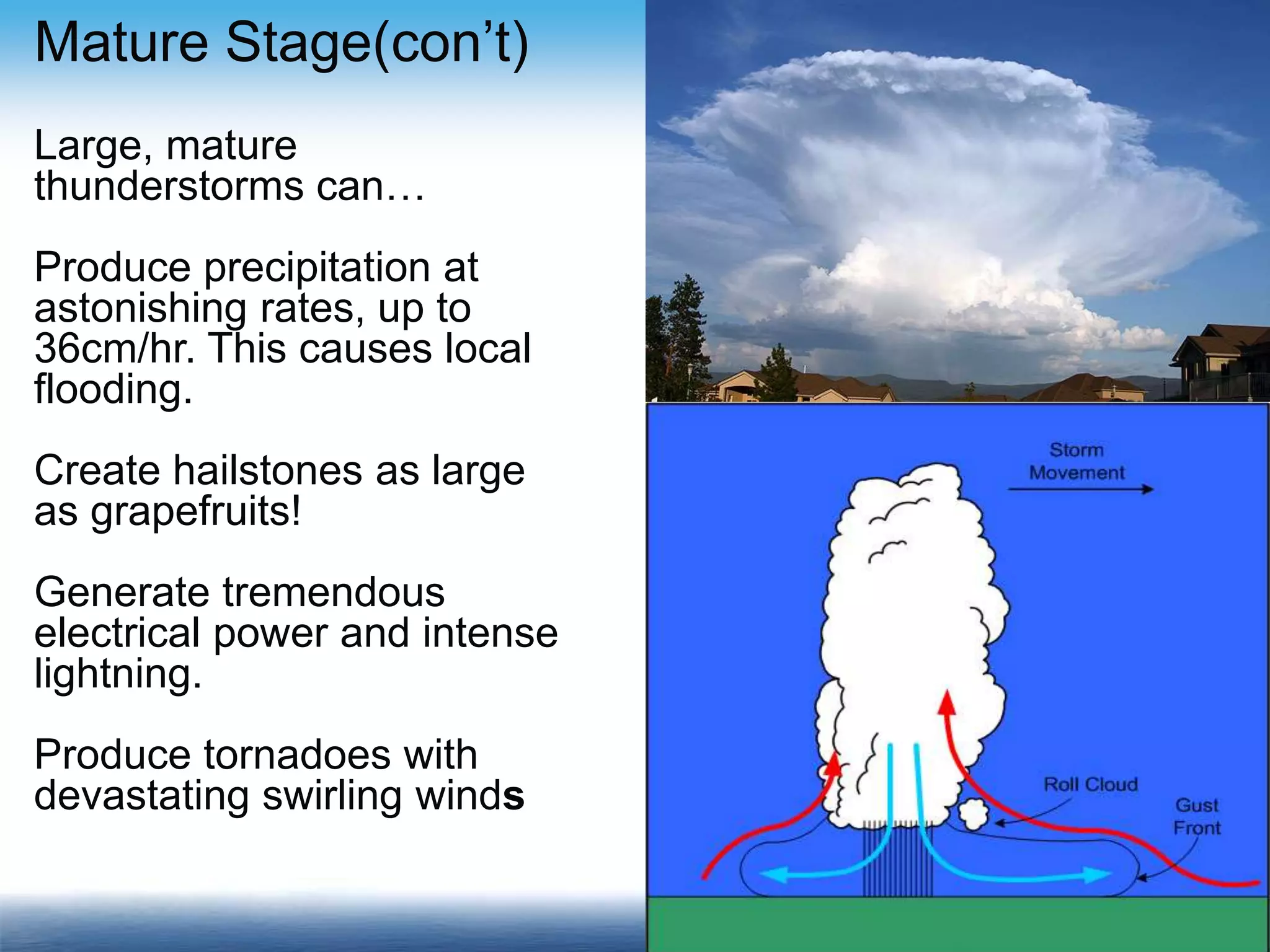 Mature Stage(con’t)
Large, mature
thunderstorms can…
Produce precipitation at
astonishing rates, up to
36cm/hr. This causes local
flooding.
Create hailstones as large
as grapefruits!
Generate tremendous
electrical power and intense
lightning.
Produce tornadoes with
devastating swirling winds
 