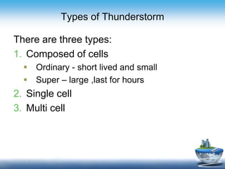 Types of Thunderstorm
There are three types:
1. Composed of cells
 Ordinary - short lived and small
 Super – large ,last for hours
2. Single cell
3. Multi cell
 