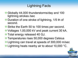 Lightning Facts
Globally 44,000 thunderstorms/day and 100
lightning strokes /sec
Duration of one stroke of lightning, 1/5 th of
second.
Strike the Earth 50 to 100 times per second.
Voltages 1,00,000 kV and peak current 30 kA.
Total energy released 40 GJ.
Temperatures rises 50,000 degrees Celsius
Lightning can travel at speeds of 300,000 m/sec
Lightning heats nearby air to about 10,000 °C.
 