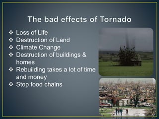  Loss of Life
 Destruction of Land
 Climate Change
 Destruction of buildings &
homes
 Rebuilding takes a lot of time
and money
 Stop food chains
 