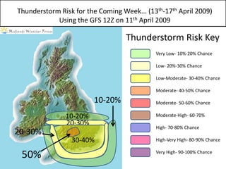 Thunderstorm Risk for the Coming Week... (13th-17th April 2009)
            Using the GFS 12Z on 11th April 2009

                                   Thunderstorm Risk Key
                                            Very Low- 10%-20% Chance

                                            Low- 20%-30% Chance

                                            Low-Moderate- 30-40% Chance

                                            Moderate- 40-50% Chance

                        10-20%              Moderate- 50-60% Chance

               10-20%                       Moderate-High- 60-70%
               20-30%
                                            High- 70-80% Chance
20-30%
                 30-40%                     High-Very High- 80-90% Chance


 50%                                        Very High- 90-100% Chance
 