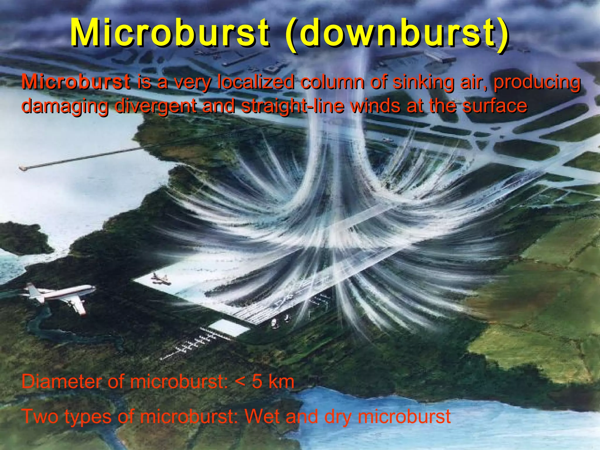 Microburst (downburst)Microburst (downburst)
MMicrobursticroburst is a very localized column of sinking air, producingis a very localized column of sinking air, producing
damaging divergent anddamaging divergent and straight-line windsstraight-line winds at the surfaceat the surface
Two types of microburst: Wet and dry microburst
Diameter of microburst: < 5 km
 