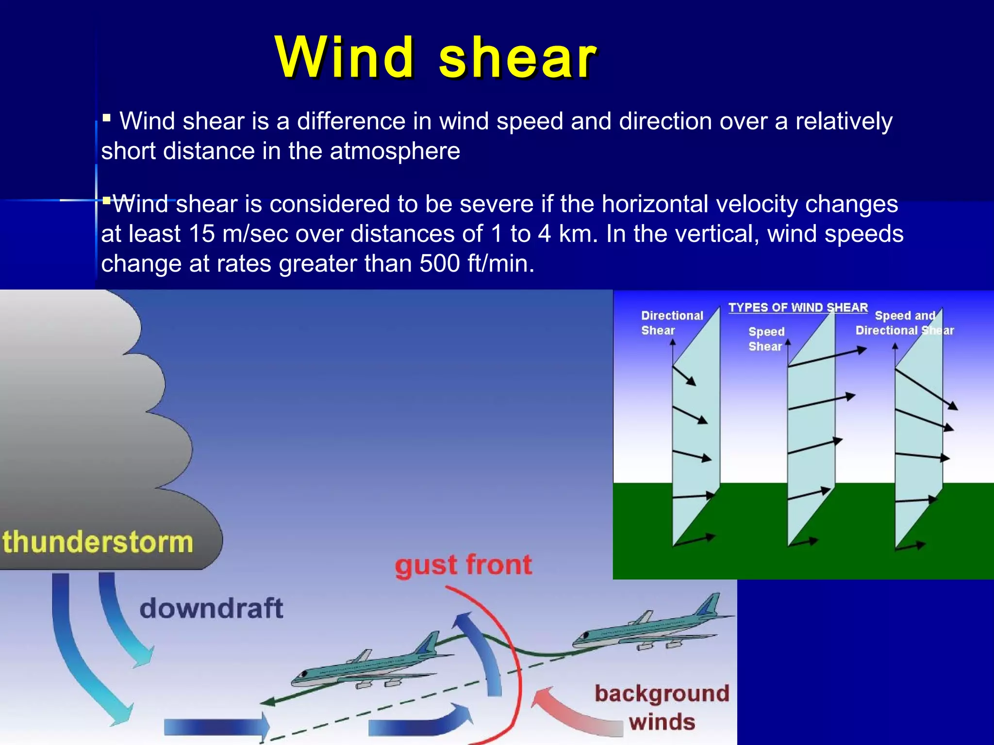 Wind shearWind shear
 Wind shear is a difference in wind speed and direction over a relatively
short distance in the atmosphere
Wind shear is considered to be severe if the horizontal velocity changes
at least 15 m/sec over distances of 1 to 4 km. In the vertical, wind speeds
change at rates greater than 500 ft/min.
 