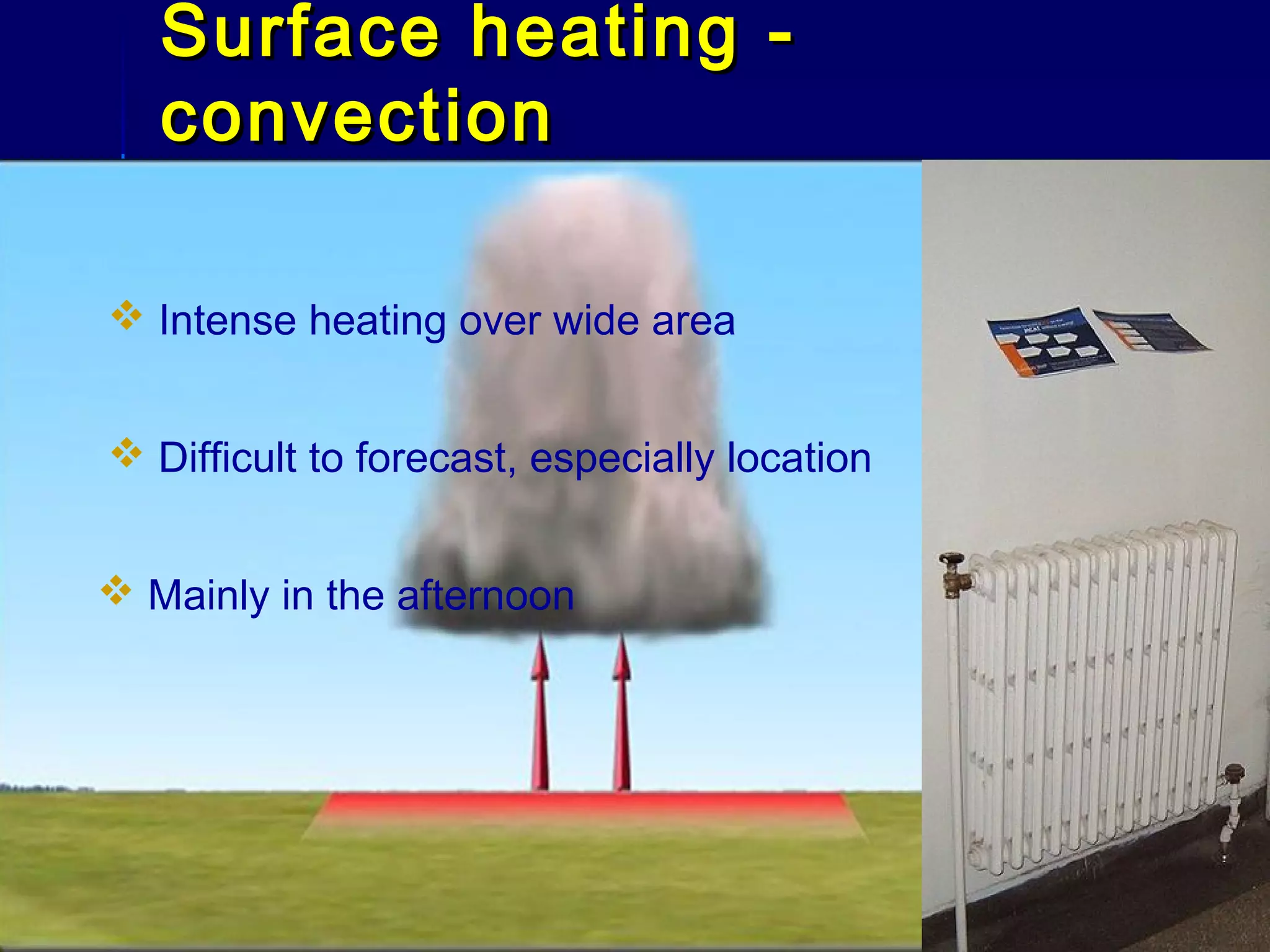 Surface heating -Surface heating -
convectionconvection
 Difficult to forecast, especially location
 Mainly in the afternoon
 Intense heating over wide area
 