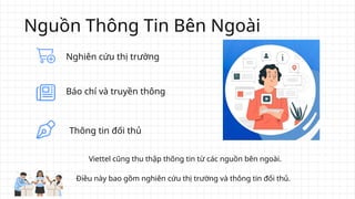 Nguồn Thông Tin Bên Ngoài
Nghiên cứu thị trường
Báo chí và truyền thông
Thông tin đối thủ
Viettel cũng thu thập thông tin từ các nguồn bên ngoài.
Điều này bao gồm nghiên cứu thị trường và thông tin đối thủ.
 