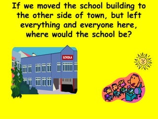 If we moved the school building to the other side of town, but left everything and everyone here, where would the school be? 
