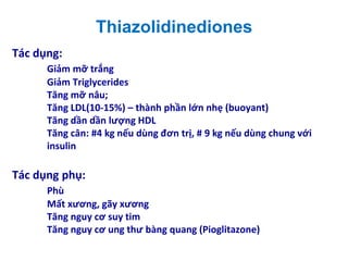 Thiazolidinediones
Tác dụng:
Giảm mỡ trắng
Giảm Triglycerides
Tăng mỡ nâu;
Tăng LDL(10-15%) – thành phần lớn nhẹ (buoyant)
Tăng dần dần lượng HDL
Tăng cân: #4 kg nếu dùng đơn trị, # 9 kg nếu dùng chung với
insulin
Tác dụng phụ:
Phù
Mất xương, gãy xương
Tăng nguy cơ suy tim
Tăng nguy cơ ung thư bàng quang (Pioglitazone)
 