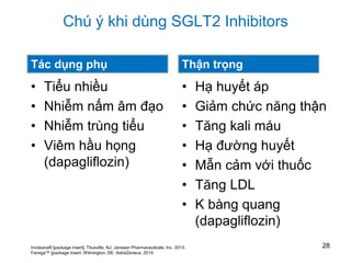Chú ý khi dùng SGLT2 Inhibitors
• Tiểu nhiều
• Nhiễm nấm âm đạo
• Nhiễm trùng tiểu
• Viêm hầu họng
(dapagliflozin)
• Hạ huyết áp
• Giảm chức năng thận
• Tăng kali máu
• Hạ đường huyết
• Mẫn cảm với thuốc
• Tăng LDL
• K bàng quang
(dapagliflozin)
28Invokana® [package insert]. Titusville, NJ: Janssen Pharmaceuticals, Inc. 2013.
Farxiga™ [package insert. Wilmington, DE: AstraZeneca. 2014.
Tác dụng phụ Thận trọng
 