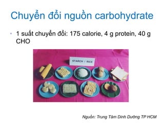 Chuyển đổi nguồn carbohydrate
• 1 suất chuyển đổi: 175 calorie, 4 g protein, 40 g
CHO
Nguồn: Trung Tâm Dinh Dưỡng TP HCM
 