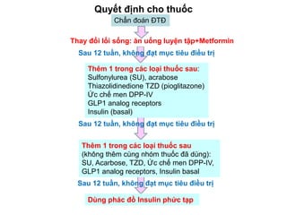 Quyết định cho thuốc
Chẩn đoán ĐTĐ
Thay đổi lối sống: ăn uống luyện tập+Metformin
Sau 12 tuần, không đạt mục tiêu điều trị
Thêm 1 trong các loại thuốc sau:
Sulfonylurea (SU), acrabose
Thiazolidinedione TZD (pioglitazone)
Ức chế men DPP-IV
GLP1 analog receptors
Insulin (basal)
Sau 12 tuần, không đạt mục tiêu điều trị
Thêm 1 trong các loại thuốc sau
(không thêm cùng nhóm thuốc đã dùng):
SU, Acarbose, TZD, Ức chế men DPP-IV,
GLP1 analog receptors, Insulin basal
Sau 12 tuần, không đạt mục tiêu điều trị
Dùng phác đồ Insulin phức tạp
 