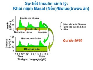 Sự tiết Insulin sinh lý:
Khái niệm Basal (Nền)/Bolus(trước ăn)
Điểm tâm B trưa Bữa chiều
Insulin
(µU/mL)
Glucose
(mg/dL)
Glucose nền
150
100
50
0
7 8 9 101112 1 2 3 4 5 6 7 8 9
Sáng Chiều
Thời gian trong ngày(giờ)
Insulin nền
50
25
0
Glucose do thức ăn
Insulin cho bữa ăn
Giảm sản xuất Glucose
giữa các bữa ăn & ban
đêm
Qui tắc 50/50
 