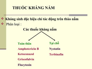  Kháng sinh đặc hiệu chỉ tác động trên tbào nấm
 Phân loại :
Các thuốc kháng nấm
THUỐC KHÁNG NẤM
Toàn thân
Amphotericin B
Ketoconazol
Griseofulvin
Flucytosin
Tại chỗ
Nystatin
Terbinafin
 