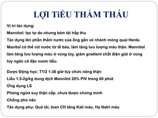 LỢI TiỂU THẨM THẤU
Vị trí tác dụng:
Mannitol: lọc tự do nhưng kém tái hấp thu
Tác dụng lên phần thấm nước của ống gần và nhánh mỏng quai Henle.
Manitol có thể rút nước từ tế bào, làm tăng lưu lượng máu thận. Mannitol
làm tăng lưu lượng máu ở vùng tủy, giảm gradient chất điện giải ở vùng
tủy ngăn cô đặc nươc tiểu.
Dược Động học: T1/2 1-36 giờ tùy chức năng thận
Liều 1.5-2g/kg dung dịch Mannitol 20% PIV trong 60 phút
Ứng dụng LS
Phòng ngừa suy thận cấp, chưa được chứng minh
Chống phù não
Tác dụng phụ: Quá tải, toan CH tăng Kali máu, Hạ Natri máu
 