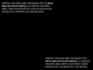 NHỮNG THƯƠNG HIỆU MỞ RỘNG TỒI TỆ ( BAD BRAND EXTENSIONS ) LÀ NHỮNG THƯƠNG HIỆU THEO ĐUỔI NHỮNG LỢI ÍCH NGẮN HẠN MÀ BỎ QUA NHỮNG GIÁ TRỊ DÀI HẠN. NHỮNG THƯƠNG HIỆU MỞ RỘNG TỐT ( BEST BRAND EXTENSIONS)  LÀ NHỮNG THƯƠNG HIỆU BIẾT CÁCH PHÁT TRIỂN NHỮNG GIÁ TRỊ BẰNG SỰ TẬP TRUNG. 