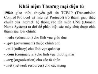 Khái niệm Thương mại điện tử
1984: giao thức chuyển gói tin TCP/IP (Transmision
Control Protocol và Internet Protocol) trở thành giao thức
chuẩn của Internet; hệ thống các tên miền DNS (Domain
Name System) ra đời để phân biệt các máy chủ; được chia
thành sáu loại chính:
- .edu (education) cho lĩnh vực giáo dục
- .gov (government) thuộc chính phủ
- .mil (miltary) cho lĩnh vực quân sự
- .com (commercial) cho lĩnh vực thương mại
- .org (organization) cho các tổ chức
- .net (network resources) cho các mạng
 