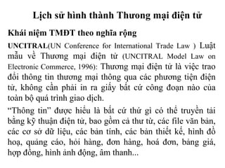 Lịch sử hình thành Thưong mại điện tử
Khái niệm TMĐT theo nghĩa rộng
UNCITRAL(UN Conference for International Trade Law ) Luật
mẫu về Thương mại điện tử (UNCITRAL Model Law on
Electronic Commerce, 1996): Thương mại điện tử là việc trao
đổi thông tin thương mại thông qua các phương tiện điện
tử, không cần phải in ra giấy bất cứ công đoạn nào của
toàn bộ quá trình giao dịch.
“Thông tin” được hiểu là bất cứ thứ gì có thể truyền tải
bằng kỹ thuận điện tử, bao gồm cả thư từ, các file văn bản,
các cơ sở dữ liệu, các bản tính, các bản thiết kế, hình đồ
hoạ, quảng cáo, hỏi hàng, đơn hàng, hoá đơn, bảng giá,
hợp đồng, hình ảnh động, âm thanh...
 
