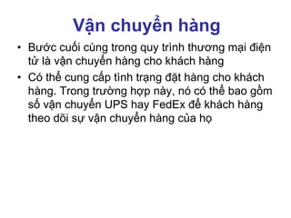 Vận chuyển hàng
• Bước cuối cùng trong quy trình thương mại điện
tử là vận chuyển hàng cho khách hàng
• Có thể cung cấp tình trạng đặt hàng cho khách
hàng. Trong trường hợp này, nó có thể bao gồm
số vận chuyển UPS hay FedEx để khách hàng
theo dõi sự vận chuyển hàng của họ
 
