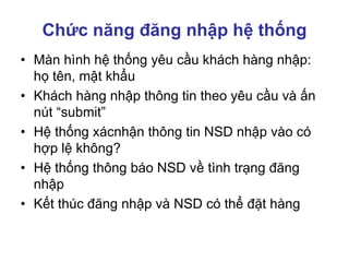 Chức năng đăng nhập hệ thống
• Màn hình hệ thống yêu cầu khách hàng nhập:
họ tên, mật khẩu
• Khách hàng nhập thông tin theo yêu cầu và ấn
nút “submit”
• Hệ thống xácnhận thông tin NSD nhập vào có
hợp lệ không?
• Hệ thống thông báo NSD về tình trạng đăng
nhập
• Kết thúc đăng nhập và NSD có thể đặt hàng
 