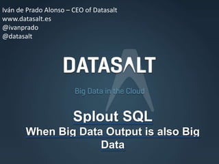 Iván de Prado Alonso – CEO of Datasalt
www.datasalt.es
@ivanprado
@datasalt




                       Splout SQL
       When Big Data Output is also Big
                    Data
 