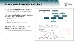 www.cgiar.org
Evaluating Risks Outside Agriculture
Impacts extend beyond agriculture
• e.g., river basins, floods, cyclones, sea levels
IFPRI’s modeling framework captures
multiple impact channels
• Agriculture: crops, livestock
• Energy: hydropower
• Infrastructure: roads, ports, housing
Off-farm impact channels can be
worse for rural households
• Economywide food systems approach is key
Impacts of climate change on
agriculture are mostly negative
Much larger losses when road
damages (flooding) are included
Multisector GDP impacts in Malawi
(GDP in 2050 relative to “no climate change” baseline)
Integrated modeling
framework
Climate
Energy
Agriculture
Flooding
Sea level rise
Cyclones
Infrastructure
Economy
Rivers
Arndt et al. (2014)
See IFPRI
website
96% 97% 98% 99% 100%
Agriculture
Roads
Roads & agriculture
Impact channels
Agriculture only
 