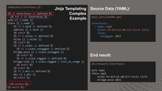 15
templates/interface.j2:
{% if interfaces is defined %}
{% for i in interfaces %}
auto {{ i.name }}
iface {{ i.name }}
{% if i.ipv4 is defined %}
address {{ i.ipv4 }}
{% endif %}
{% if i.alias is defined %}
alias {{ i.alias }}
{% endif %}
{% if i.vlans is defined %}
{% if i.vlans.untagged is defined %}
bridge-pvid {{ i.vlans.untagged }}
{% endif %}
{% if i.vlans.tagged is defined %}
bridge-vids {{ i.vlans.tagged | list_to_range }}
{% endif %}
{% endif %}
{% if i.mtu is defined %}
mtu {{ i.mtu }}
{% endif %}
{% endfor %}
{% endif %}
host_vars/leaf01.yml:
interfaces:
- name: swp1
alias: hv-dc3-pl-p0-2/1-iscsi (2/1)
vlans:
untagged: 2021
etc/network/interfaces:
auto swp1
iface swp1
alias hv-dc3-pl-p0-2/1-iscsi (2/1)
bridge-pvid 2021
Source Data (YAML):
End result:
Jinja Templating
Complex
Example
 