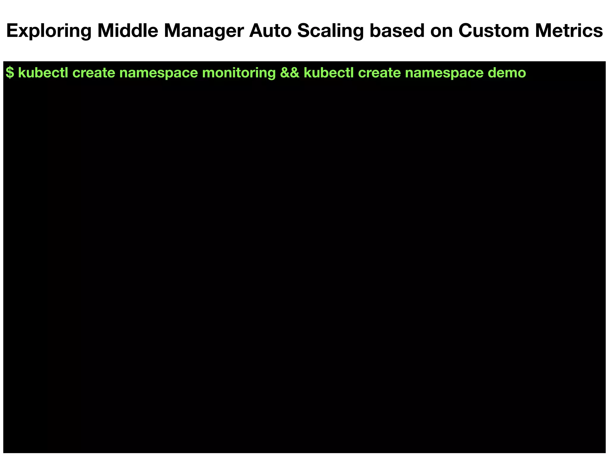 $ kubectl create namespace monitoring && kubectl create namespace demo
Exploring Middle Manager Auto Scaling based on Custom Metrics
 
