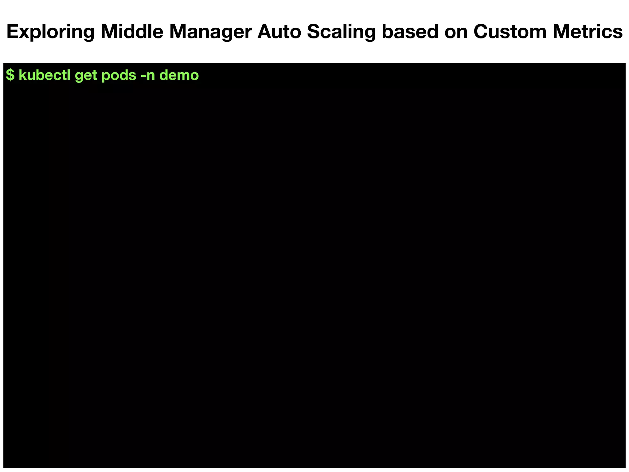 $ kubectl get pods -n demo
Exploring Middle Manager Auto Scaling based on Custom Metrics
 