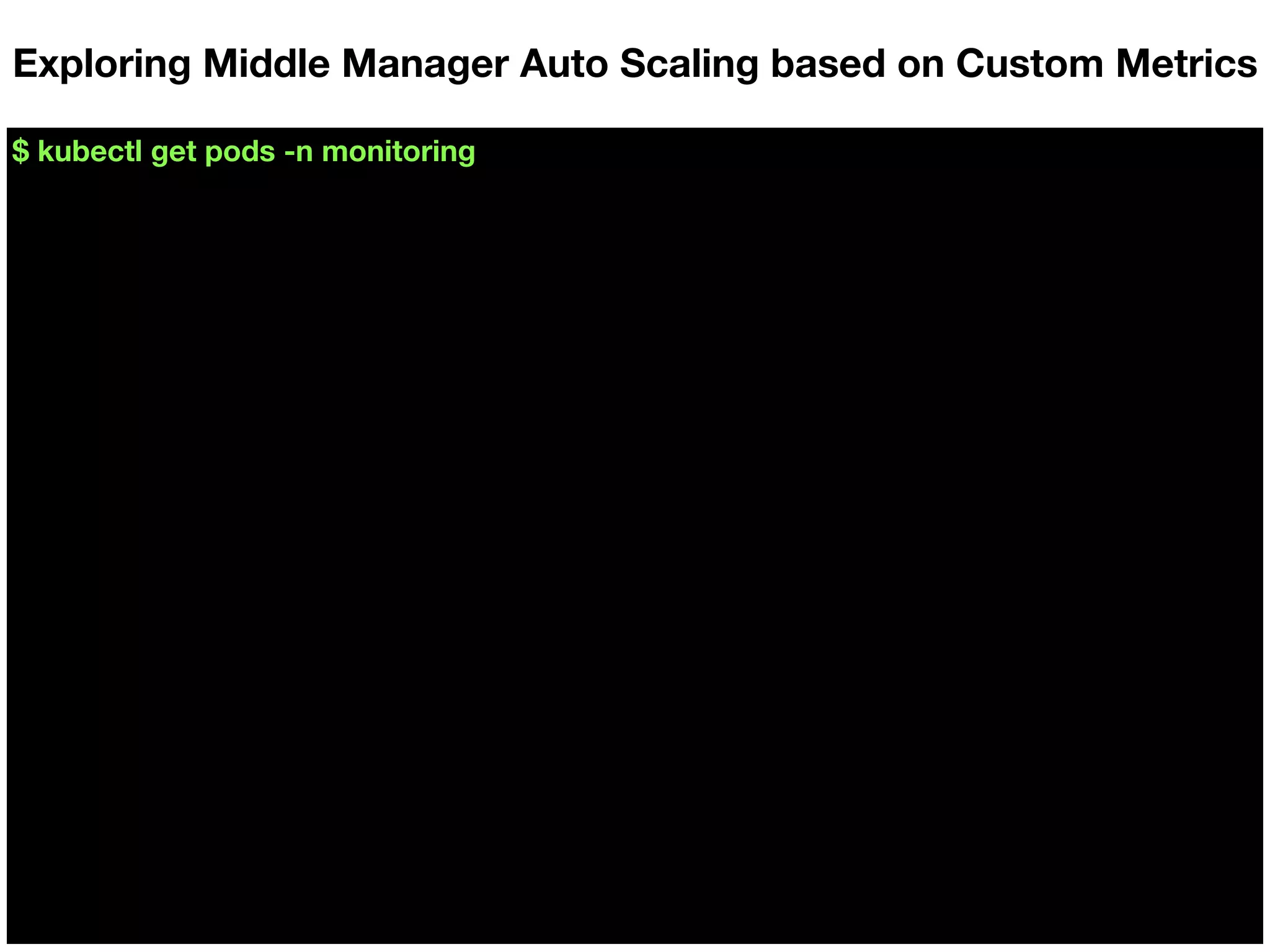 $ kubectl get pods -n monitoring
Exploring Middle Manager Auto Scaling based on Custom Metrics
 