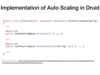 [EC2AutoScalar.java, https://github.com/apache/incubator-druid/blob/master/indexing-service/src/main/java/org/apache/druid/
indexing/overlord/autoscaling/ec2/EC2AutoScaler.java ]
public class EC2AutoScaler implements AutoScaler<EC2EnvironmentConfig>
{
...
@Override
public AutoScalingData provision() { ... }
...
@Override
public AutoScalingData terminate(List<String> ips) { ... }
...
}
Implementation of Auto Scaling in Druid
 