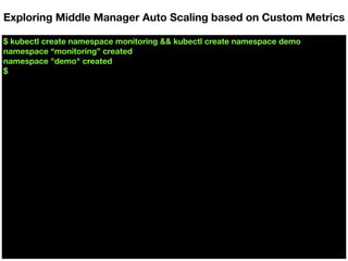 $ kubectl create namespace monitoring && kubectl create namespace demo
namespace “monitoring” created
namespace "demo" created
$
Exploring Middle Manager Auto Scaling based on Custom Metrics
 