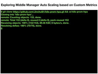$ git clone https://github.com/Jinchul81/k8s-prom-hpa.git && cd k8s-prom-hpa
Cloning into 'k8s-prom-hpa'...
remote: Counting objects: 153, done.
remote: Total 153 (delta 0), reused 0 (delta 0), pack-reused 153
Receiving objects: 100% (153/153), 89.36 KiB | 0 bytes/s, done.
Resolving deltas: 100% (70/70), done.
$
Exploring Middle Manager Auto Scaling based on Custom Metrics
 