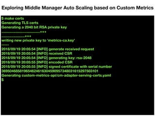 $ make certs
Generating TLS certs
Generating a 2048 bit RSA private key
......................................+++
.......................+++
writing new private key to 'metrics-ca.key'
-----
2018/09/19 20:05:54 [INFO] generate received request
2018/09/19 20:05:54 [INFO] received CSR
2018/09/19 20:05:54 [INFO] generating key: rsa-2048
2018/09/19 20:05:55 [INFO] encoded CSR
2018/09/19 20:05:55 [INFO] signed certiﬁcate with serial number
369504685819654624616304590957348031615297503101
Generating custom-metrics-api/cm-adapter-serving-certs.yaml
$
Exploring Middle Manager Auto Scaling based on Custom Metrics
 