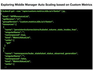 $ kubectl get --raw "/apis/custom.metrics.k8s.io/v1beta1" | jq .
{
"kind": "APIResourceList",
"apiVersion": "v1",
"groupVersion": "custom.metrics.k8s.io/v1beta1",
"resources": [
{
"name": "persistentvolumeclaims/kubelet_volume_stats_inodes_free",
"singularName": "",
"namespaced": true,
"kind": "MetricValueList",
"verbs": [
"get"
]
},
{
"name": "namespaces/kube_statefulset_status_observed_generation",
"singularName": "",
"namespaced": false,
"kind": "MetricValueList",
"verbs": [
…
Exploring Middle Manager Auto Scaling based on Custom Metrics
 