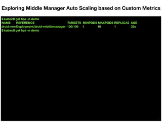 $ kubectl get hpa -n demo
NAME REFERENCE TARGETS MINPODS MAXPODS REPLICAS AGE
druid-mm Deployment/druid-middlemanager 100/100 1 16 1 32s
$ kubectl get hpa -n demo
Exploring Middle Manager Auto Scaling based on Custom Metrics
 